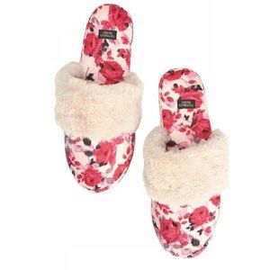 Victoria's Secret Pink Champagne Rose Floral Medium Satin Faux Fur Trim Slipper